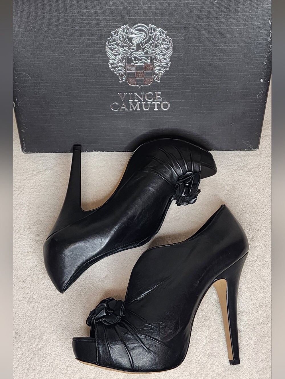 Vince Camuto Black Leather Peep-Toe Heels with Floral Accents